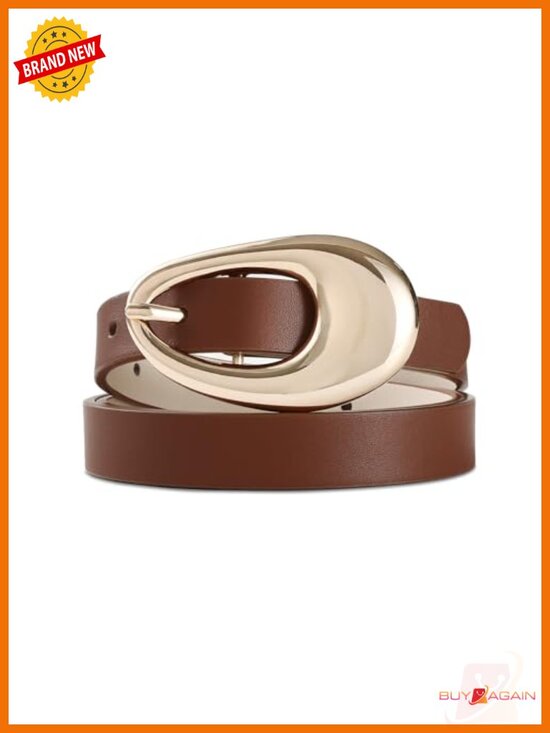 Accessories - Genuine Leather Belt with Oval Gold Metal Buckle